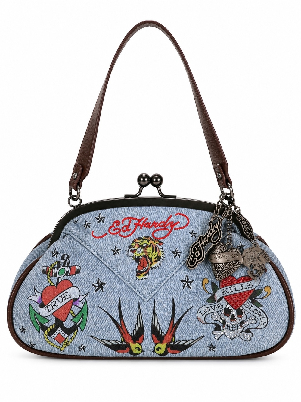Ed Hardy Denim Tattoo Rhinestone Kiss Lock Handbag Purse Y2K
